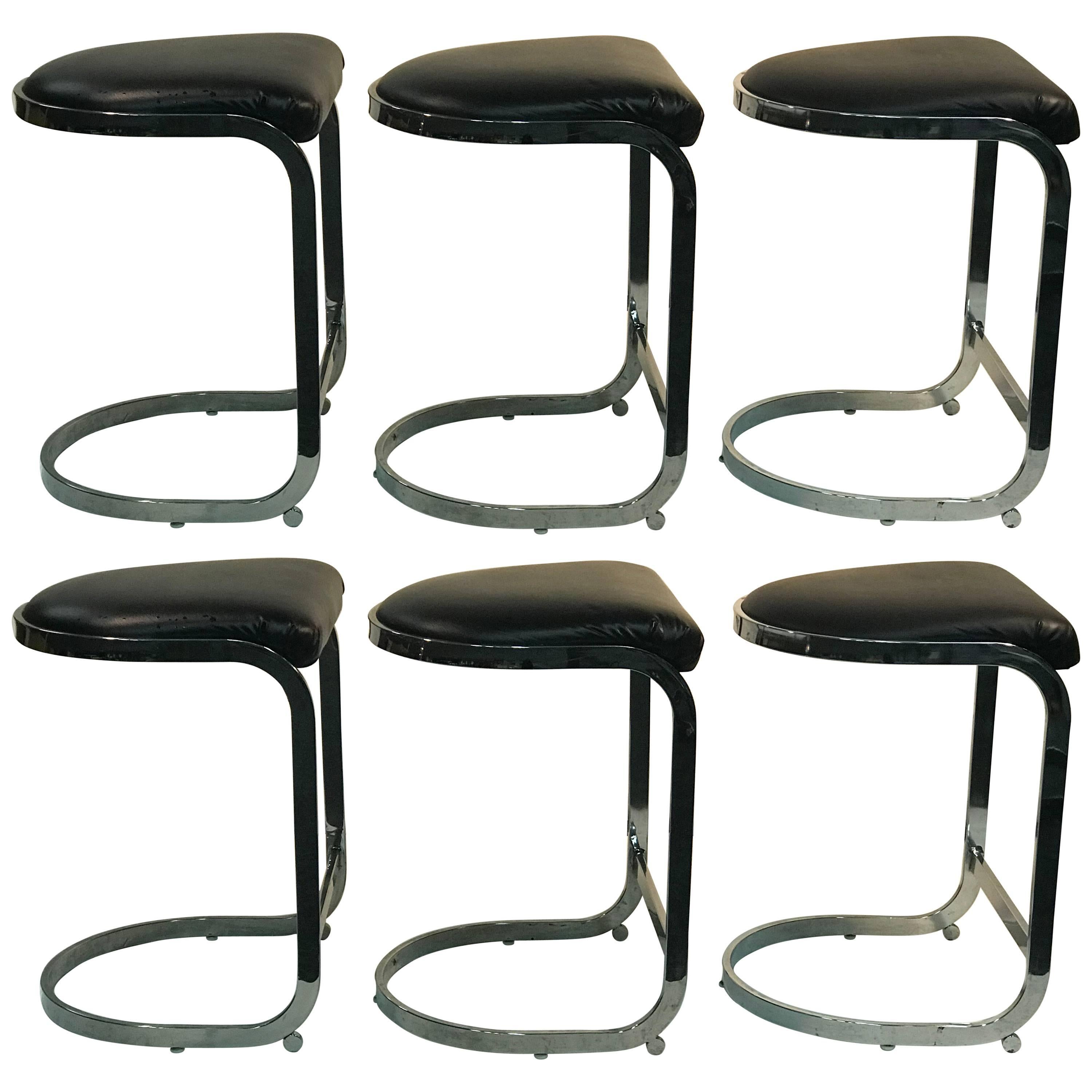 Set of Six Black and Chrome Modern Stools For Sale
