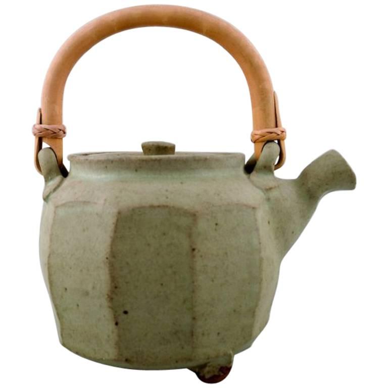 Danish ceramist, Tea Pot in Ceramics, Handle in Wicker For Sale