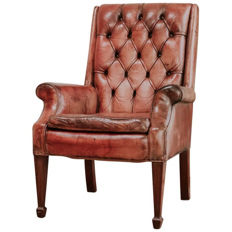 19th Century Read Leather Buttoned Armchair with Its Original Cushion