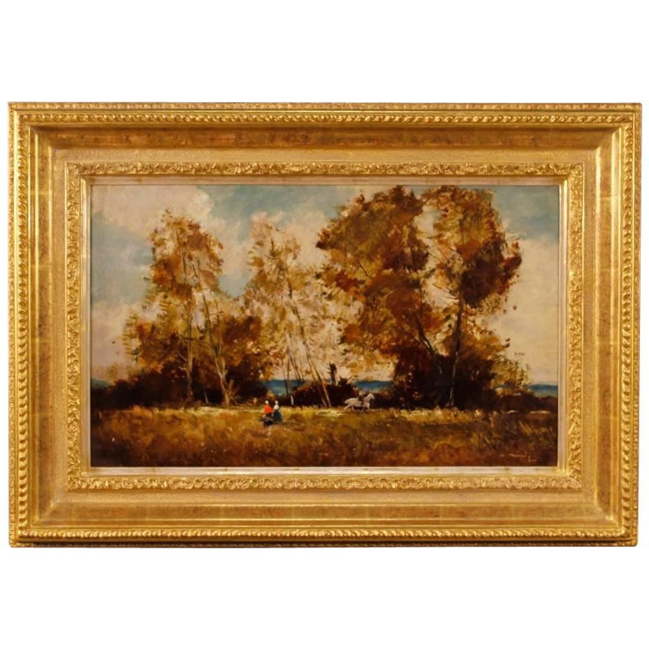 French Signed Painting Oil on Board Landscape with Characters from 20th Century