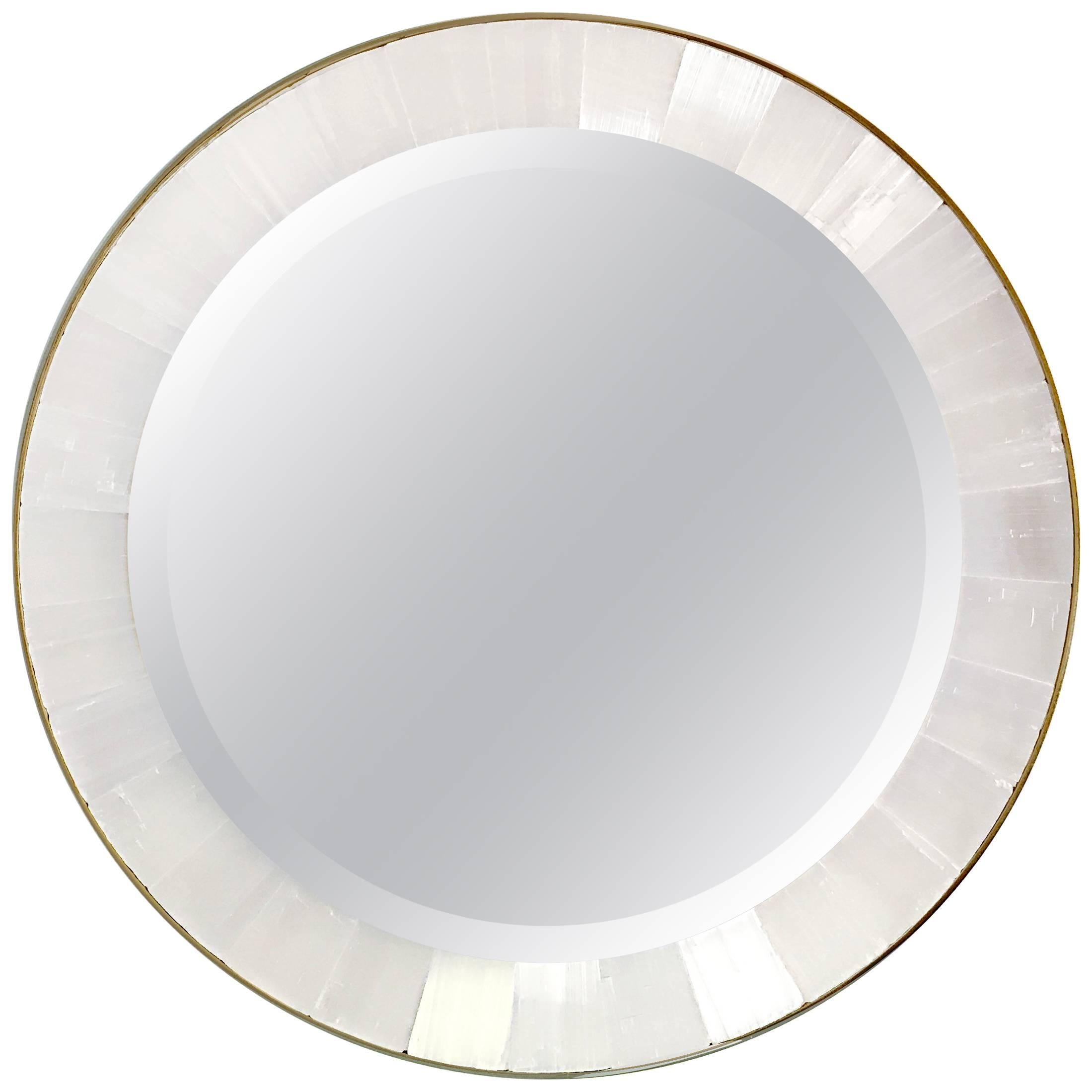 Gypse or Selenite and Brass Art Deco Style Round Wall Mirror For Sale