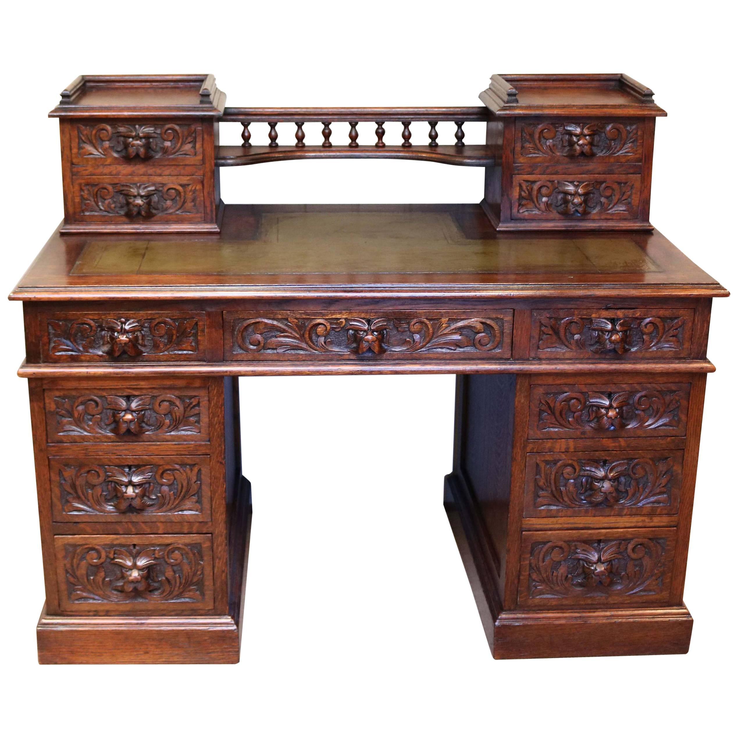 Large Carved Oak Desk For Sale