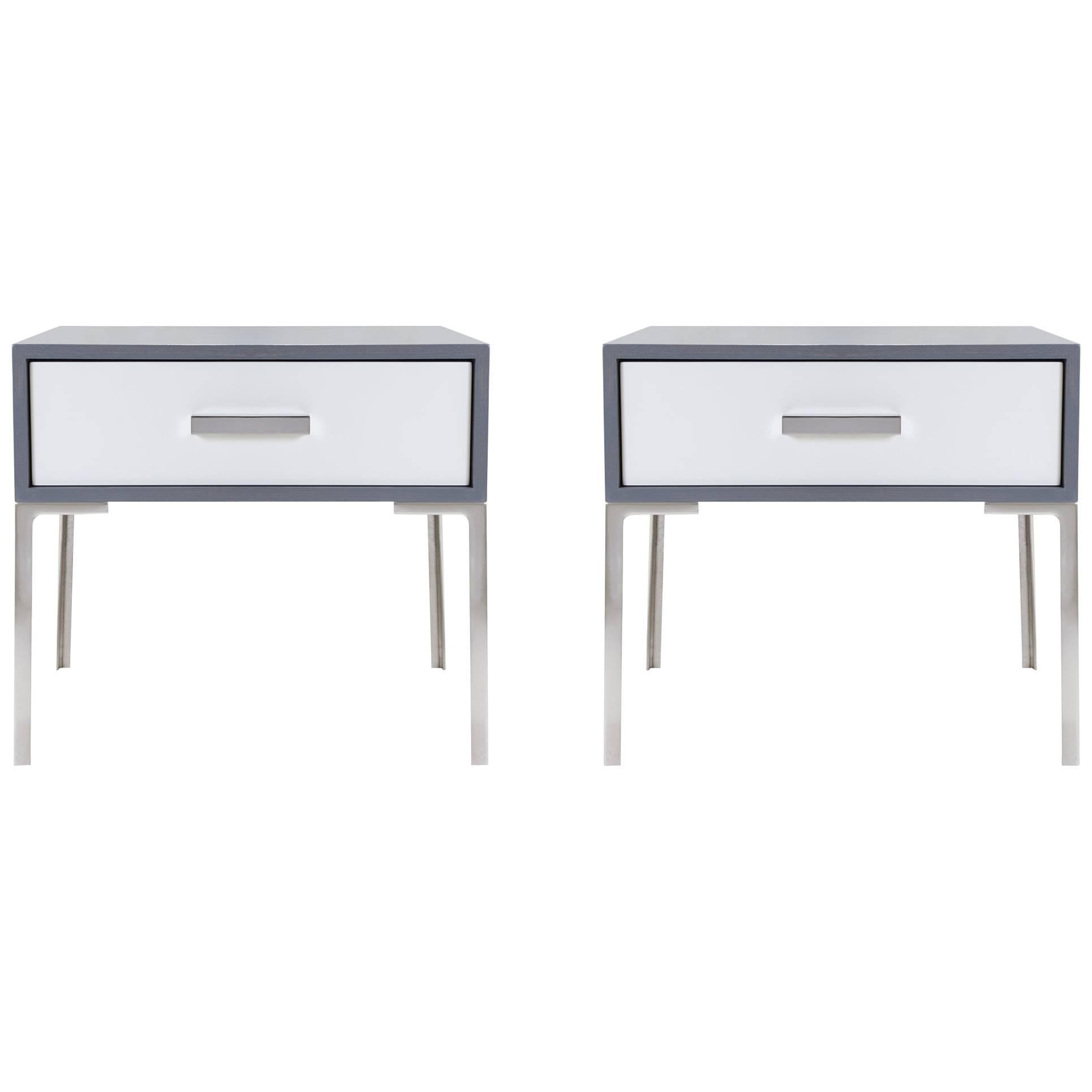 Astor Nickel Nightstands in Washed Gray Oak by Montage, Pair For Sale