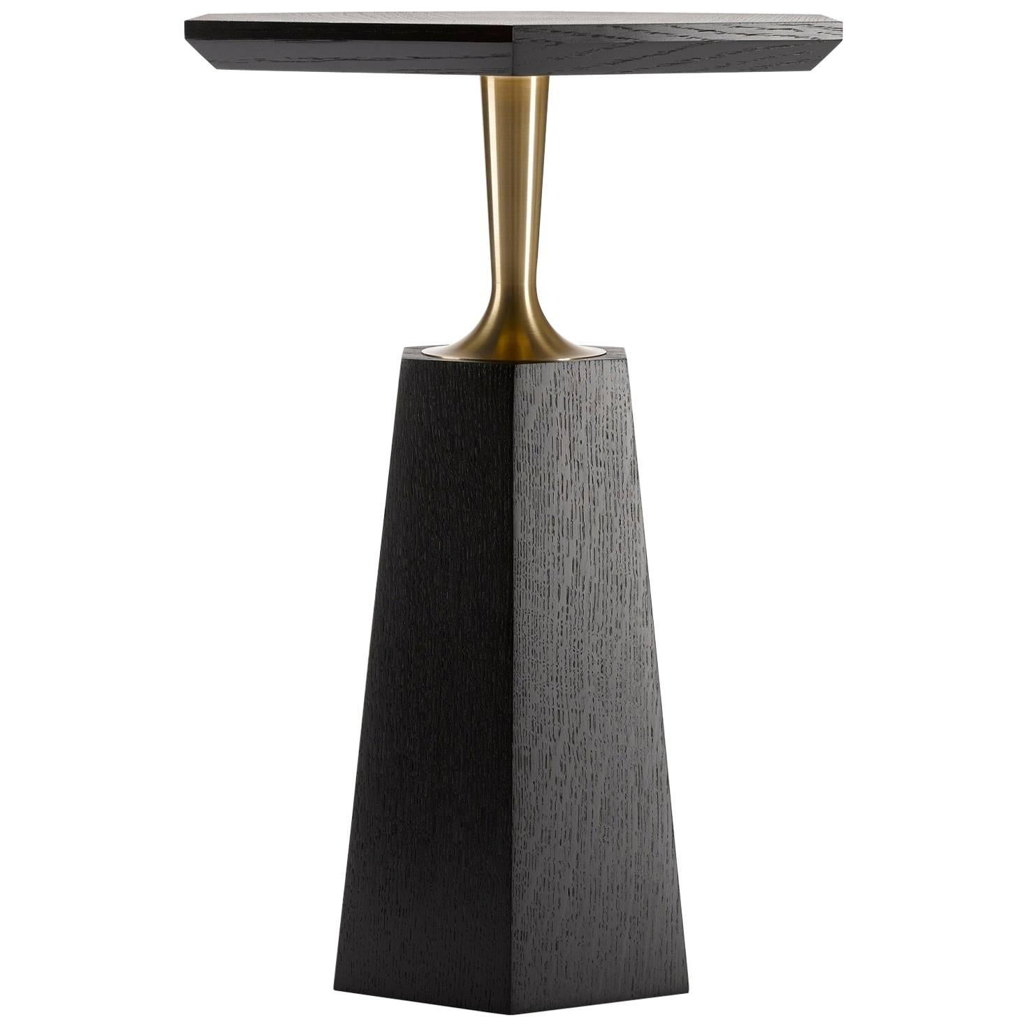 Contemporary Hex Side Table in Oak or Walnut with Machined Brass