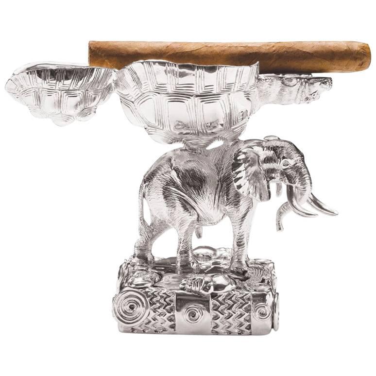 Elephant and Tortoise Sterling Silver Ashtray For Sale