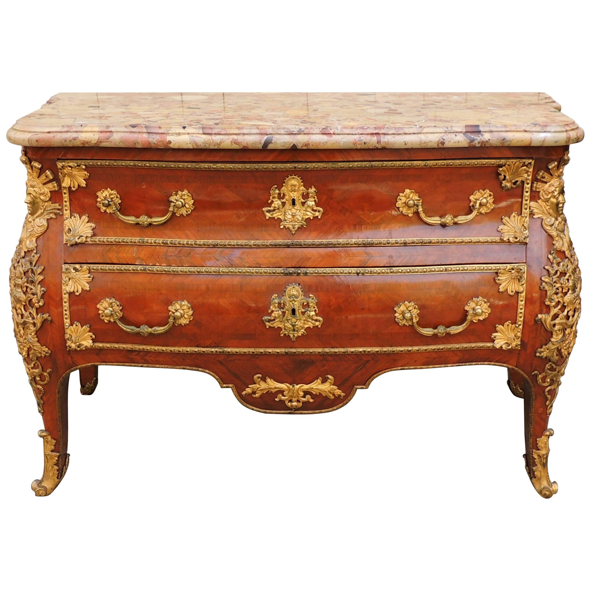 Wonderful French 19th Century Louis XV Ormolu Bronze-Mounted Marble-Top Commode