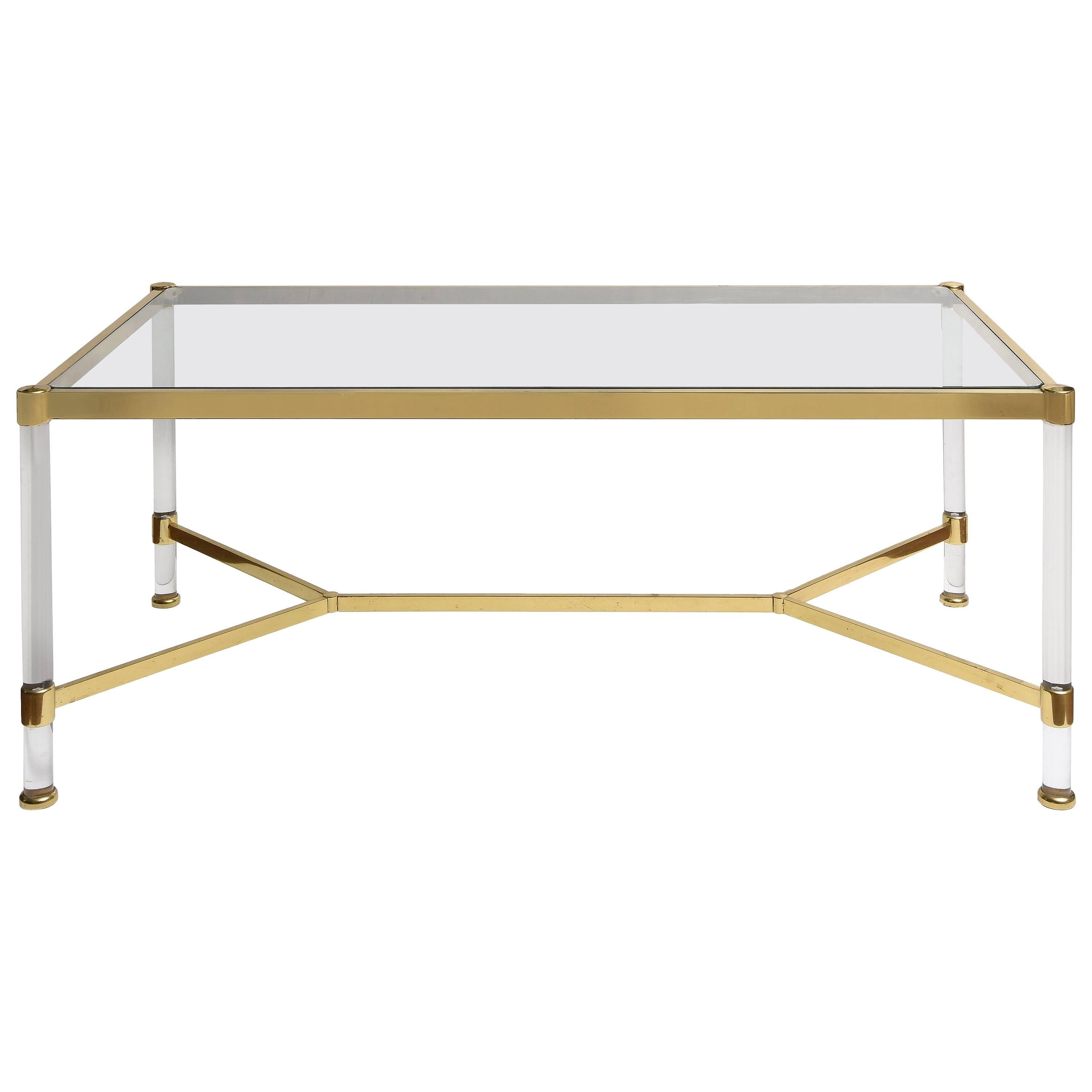 Mid-Century Modern Lucite and Brass Coffee Table For Sale