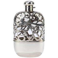 Antique American Sterling Silver Overlay and Glass Hip or Pocket Spirits Flask