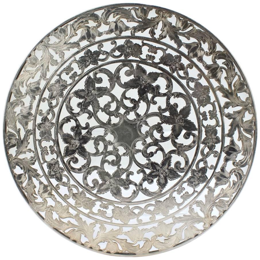 Large American Sterling Silver Overlay Glass Trivet by Webster