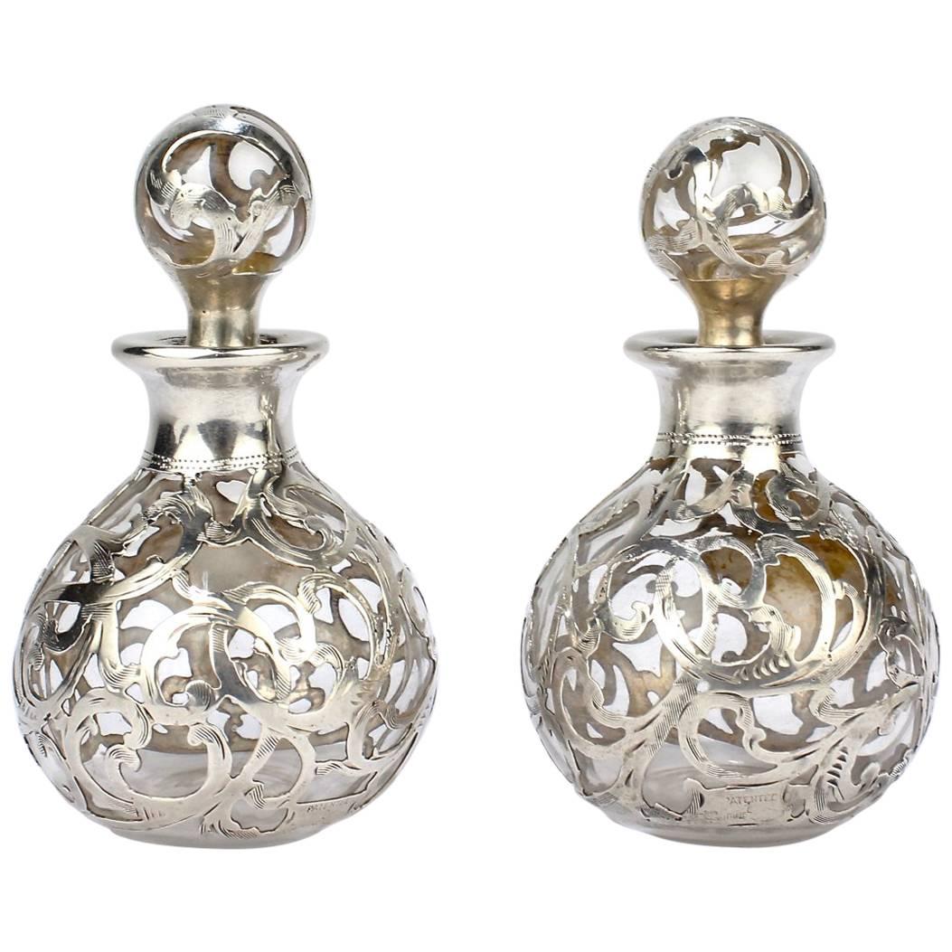 Pair of Antique Alvin American Sterling Silver Overlay Glass Perfume Bottles