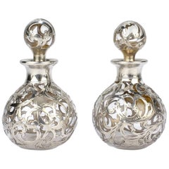 Pair of Antique Alvin American Sterling Silver Overlay Glass Perfume Bottles
