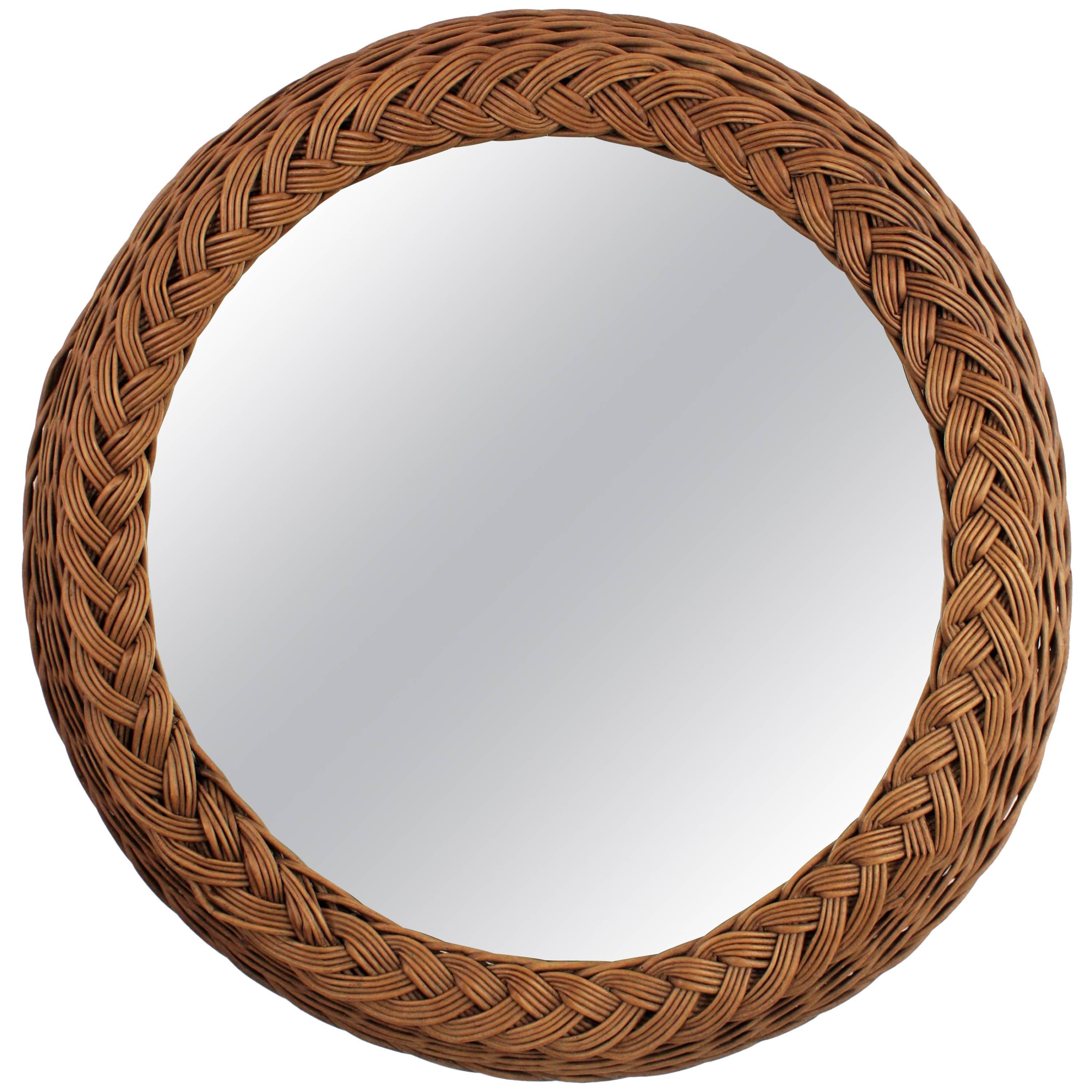 Large Woven Wicker Round Braided Mirror, Spain, 1940s