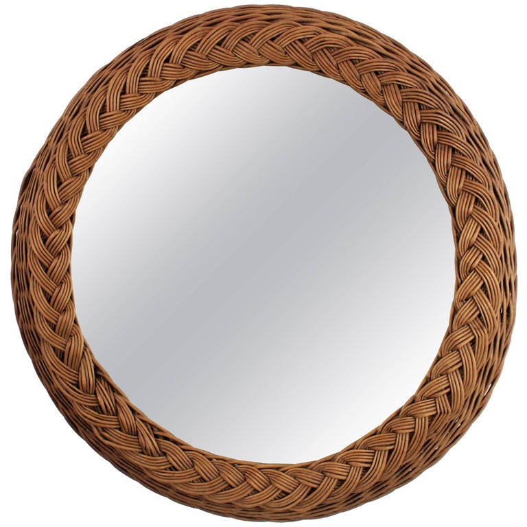 Large Woven Wicker Round Braided Mirror, Spain, 1940s at 1stDibs