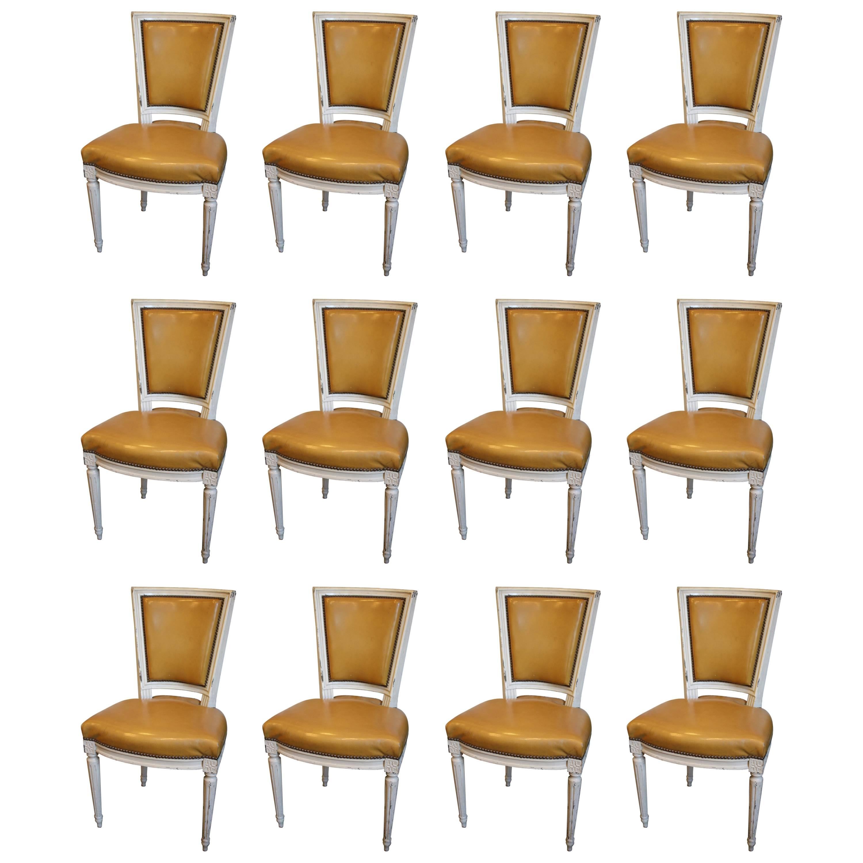 12 Louis XVI Style French Dining Chairs in Original Paint and Leather