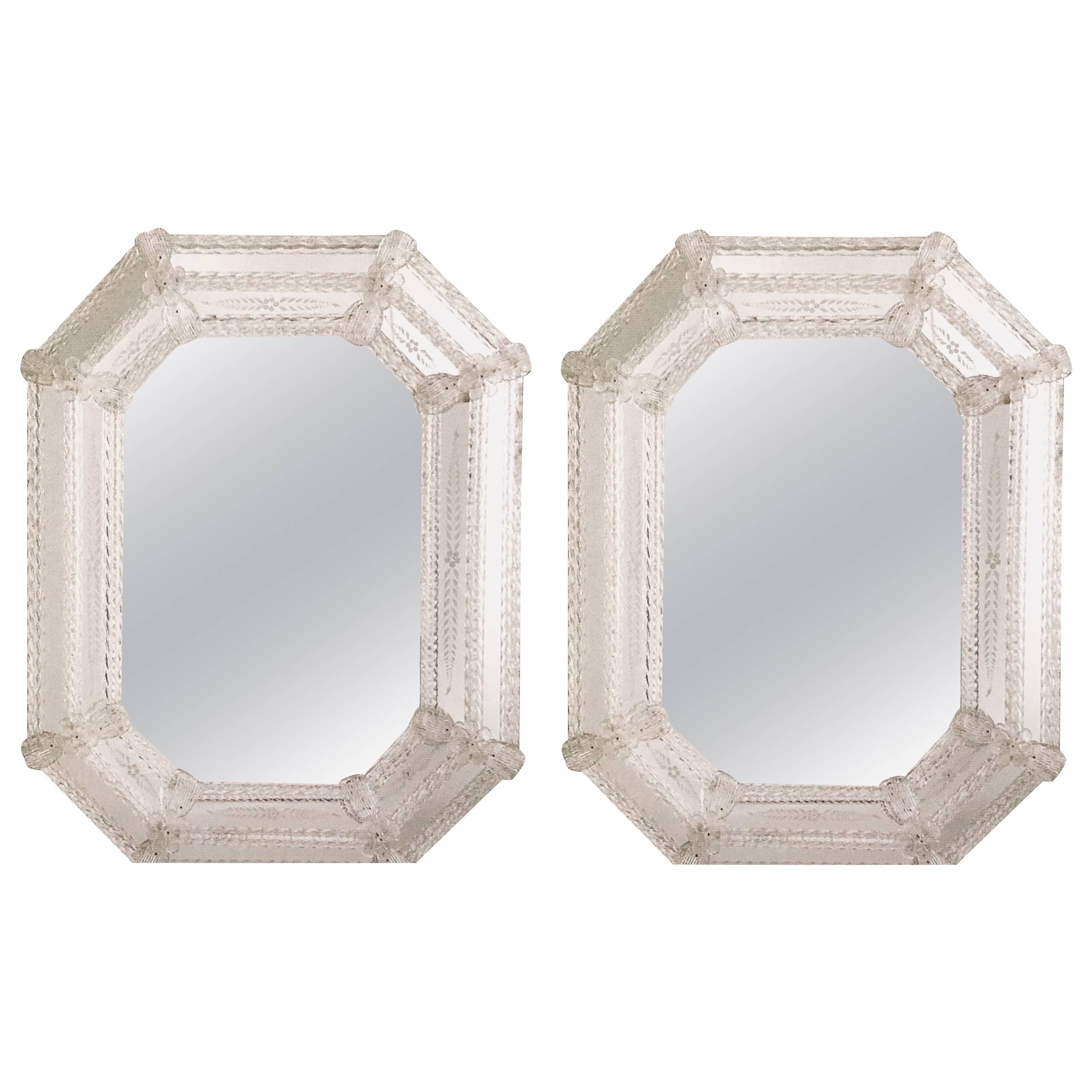 Two Italian Modern Neoclassical Etched Venetian/Murano Glass Octagonal Mirrors