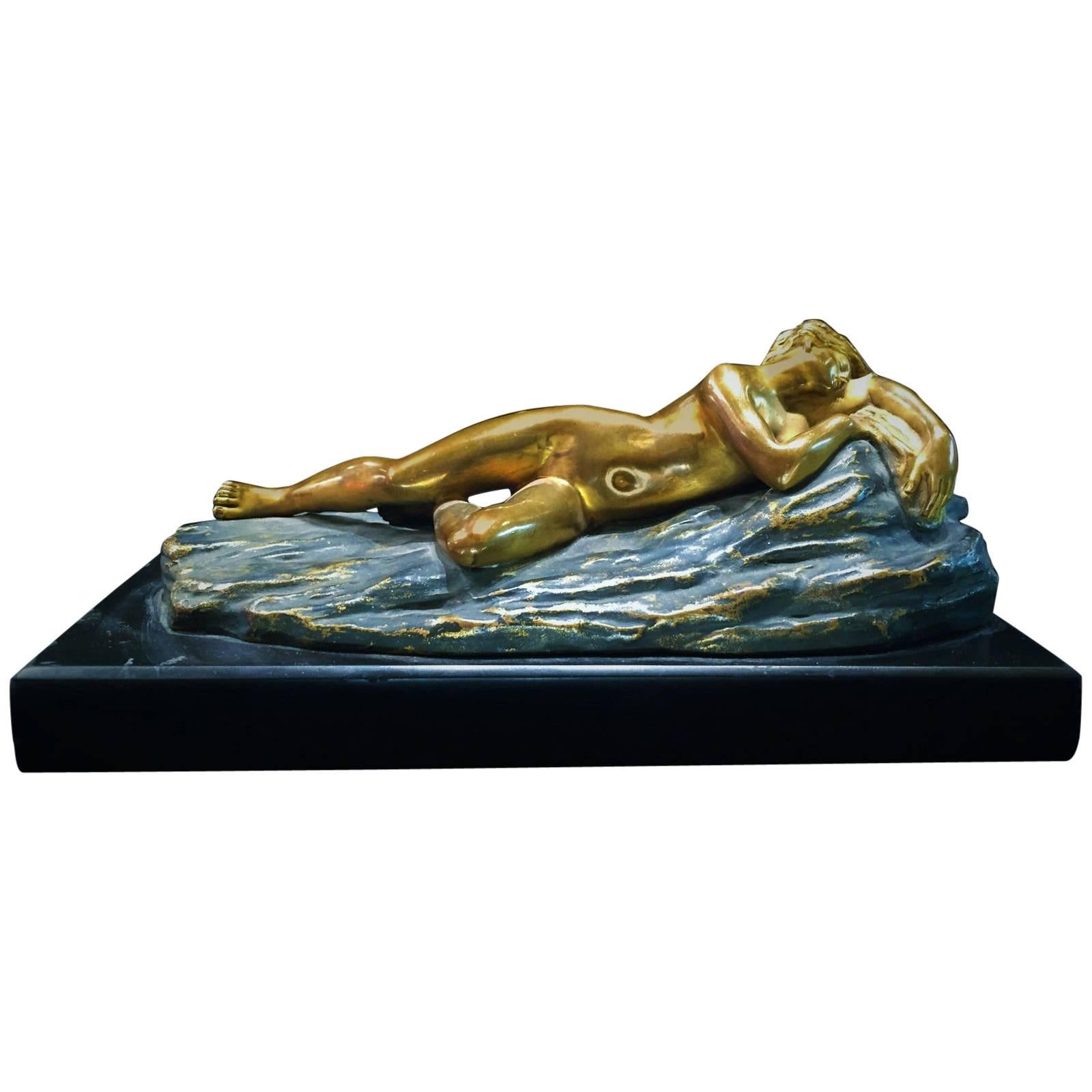 Opus-Cellini, Skulpturaler Briefbeschwerer aus Bronze und Marmor im Art déco-Stil, ca. 1930 im Angebot
