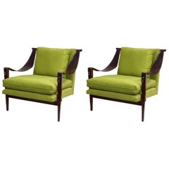 Chaises Enfield avec accoudoirs pivotants en cuir et tissu d'ameublement vert chartreuse