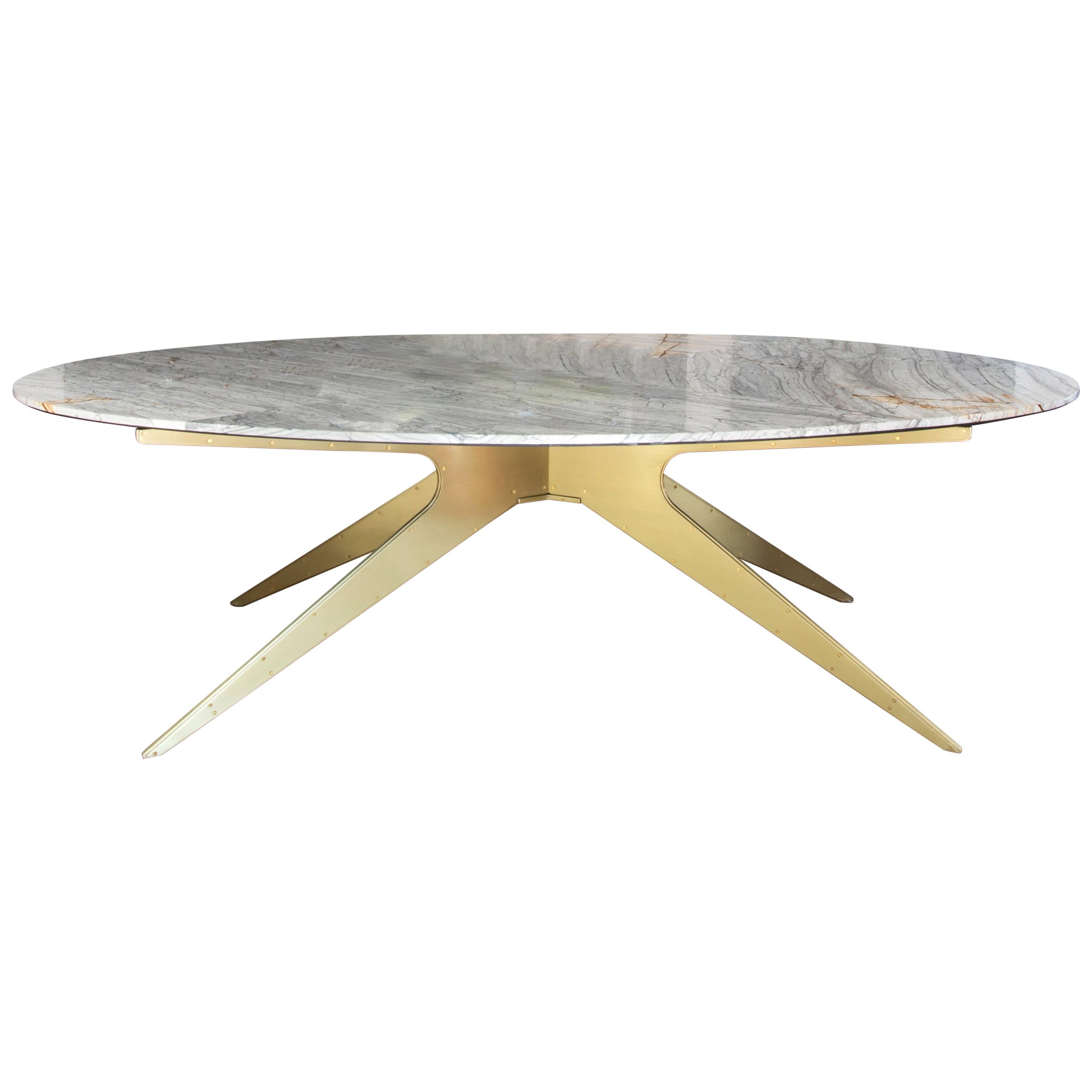Dean Oval Dining Table with Grey Marble Top and Satin Brass or Black Steel Legs  For Sale
