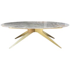 Dean Oval Dining Table with Grey Marble Top and Satin Brass or Black Steel Legs 