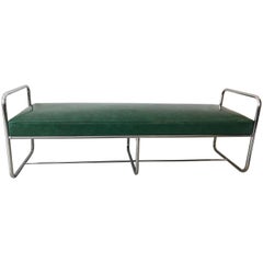 Chrome Streamline Modern Bench, Green Vinyl in the Style of KEM Weber, 1930's