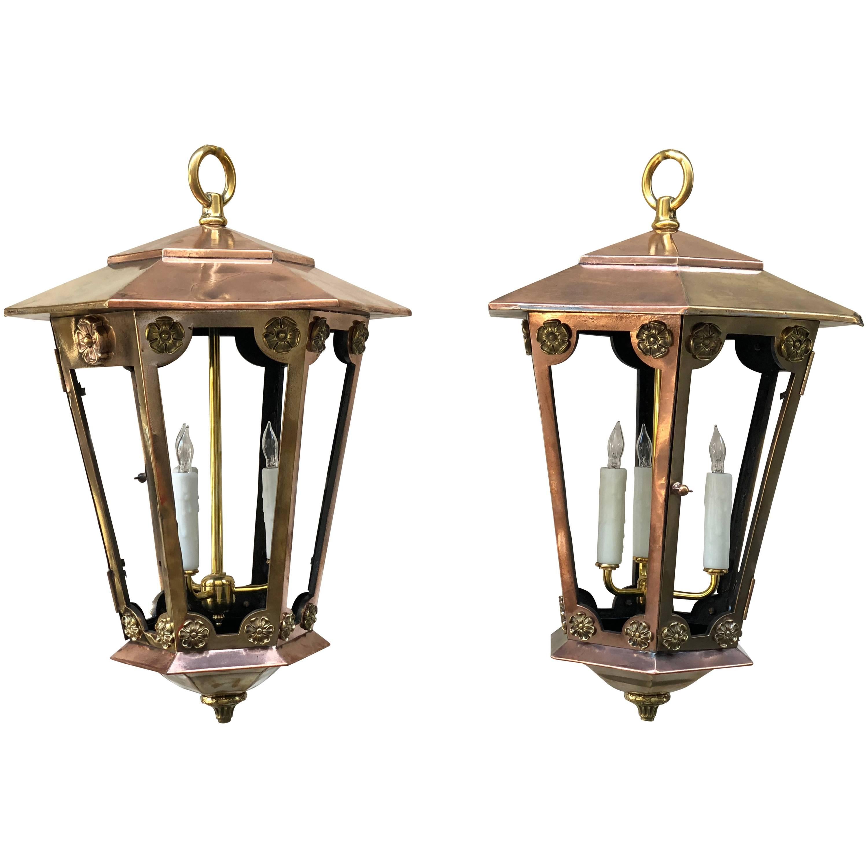 Pair of Late 19th Century New York Copper and Brass Gas Lanterns