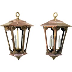 Antique Pair of Late 19th Century New York Copper and Brass Gas Lanterns