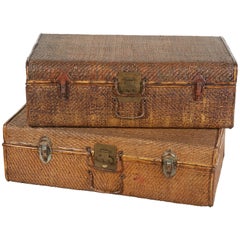 Vintage Handmade Rattan Suitcases with Perfectly Finished Wooden Interiors
