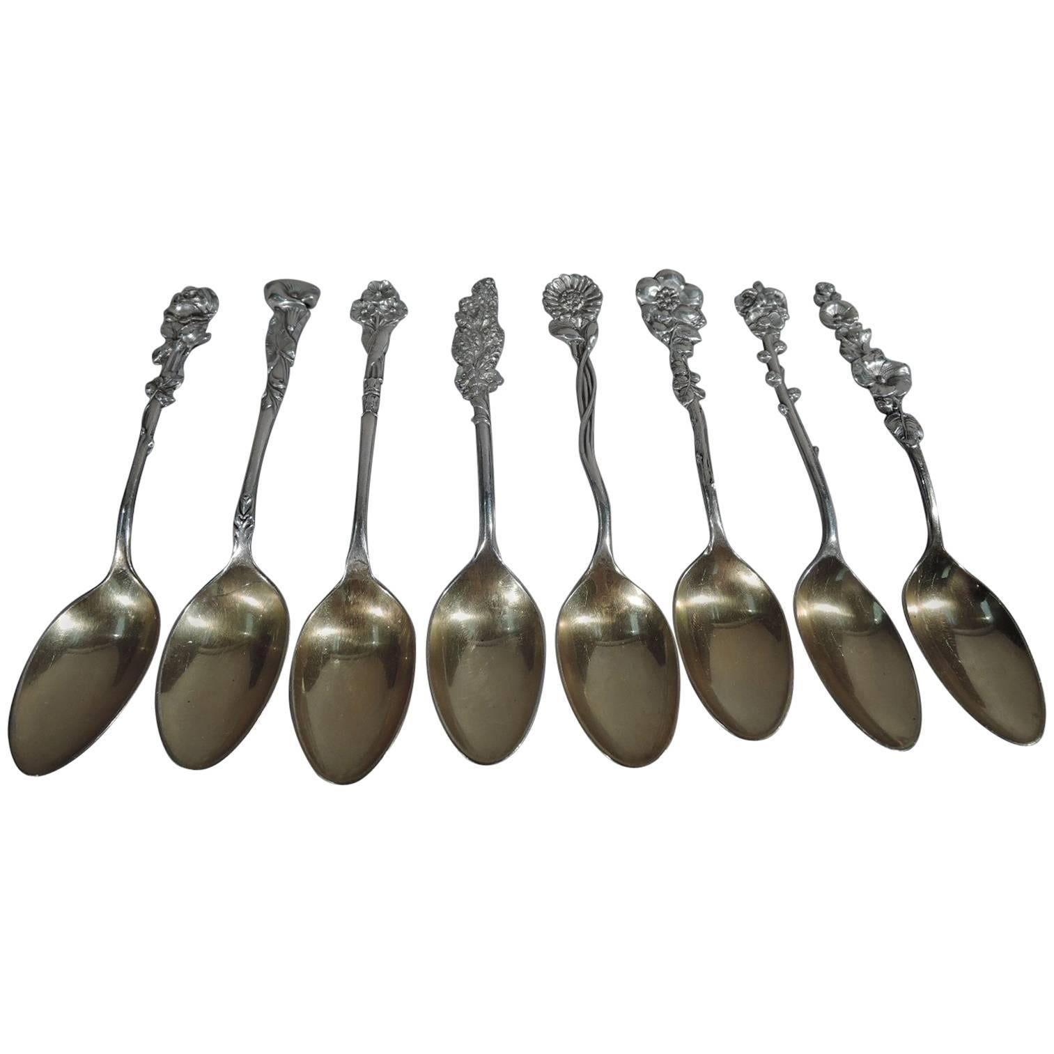 Set of 8 Art Nouveau Reed & Barton Harlequin Sterling Silver Demitasse Spoons