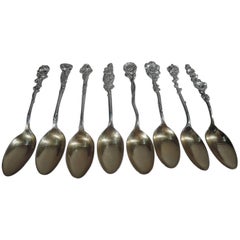 Antique Set of 8 Art Nouveau Reed & Barton Harlequin Sterling Silver Demitasse Spoons