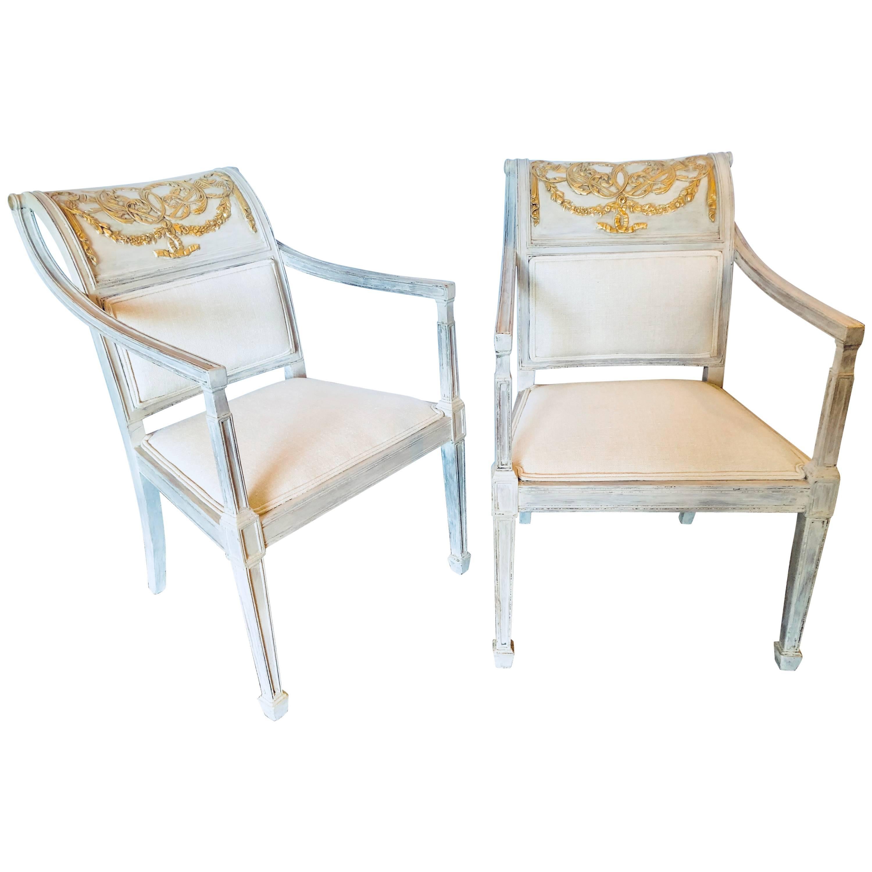 Pair of Swedish and Parcel Gilt Decorated Armchairs in New Fabric