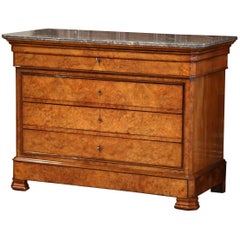 19th Century French Louis Philippe Burl Walnut Commode with Grey Marble Top