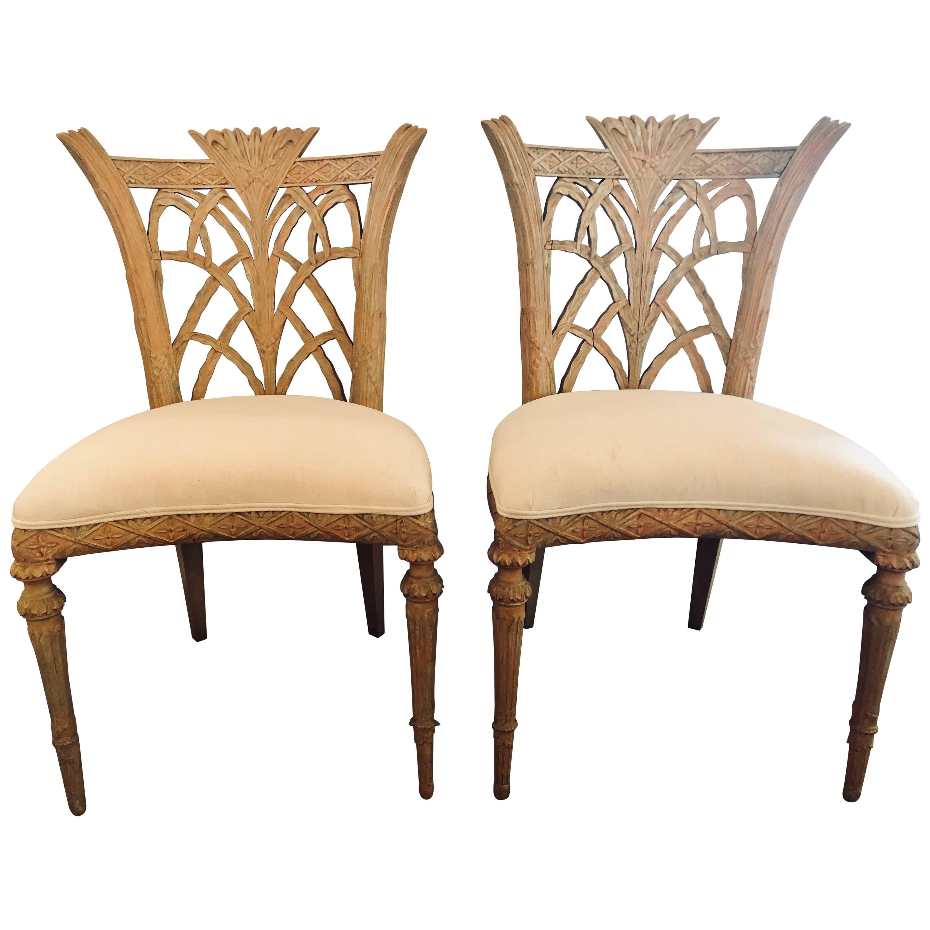 Pair of Hollywood Regency Maison Jansen Palm Tree Form Carved Side Chairs