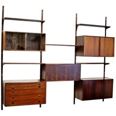 Mid-Century Modern Rosewood Shelving Wall Unit Five-Drawer Seven-Shelf