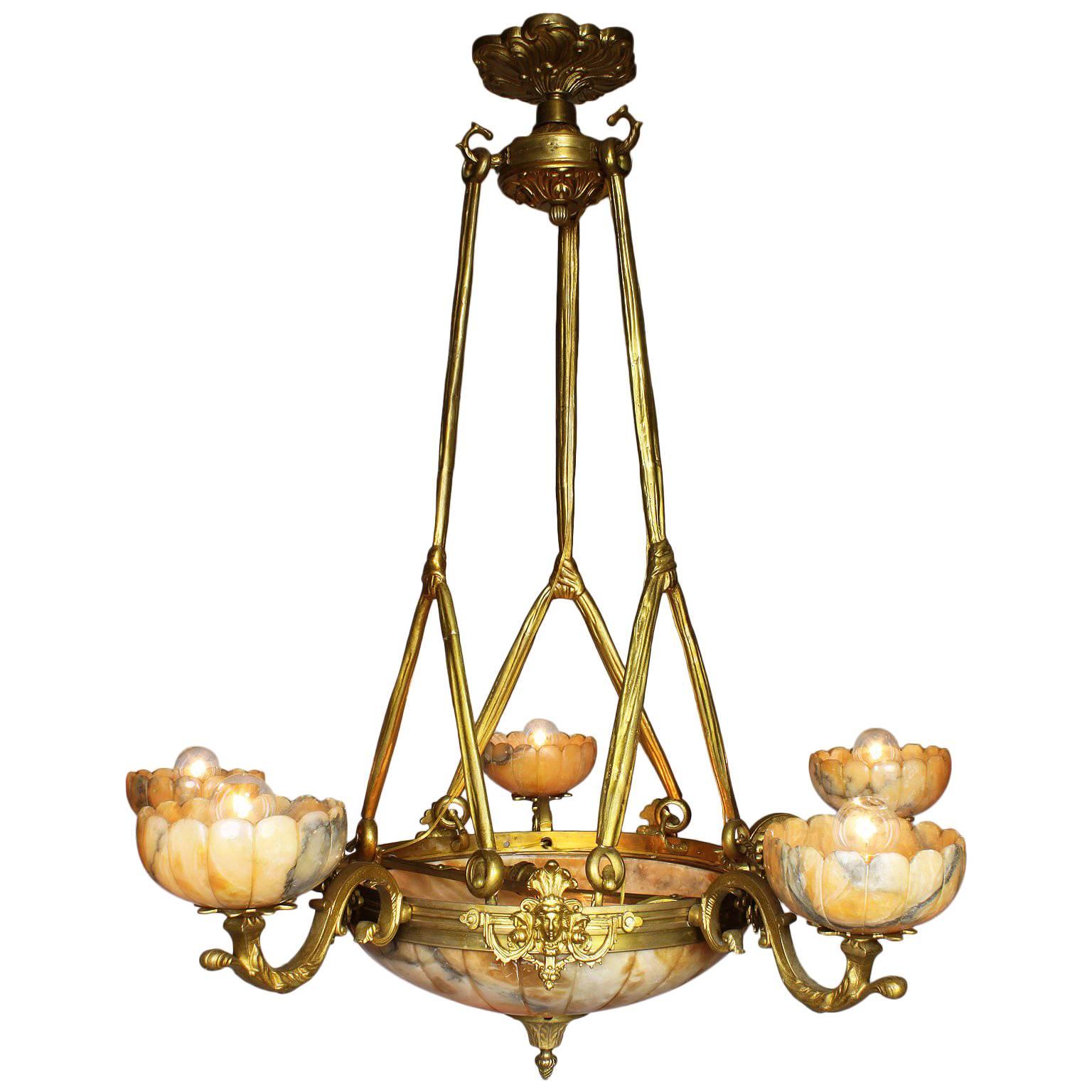 French 20th Century Art Deco Style Bronze and Alabaster Five-Light Chandelier