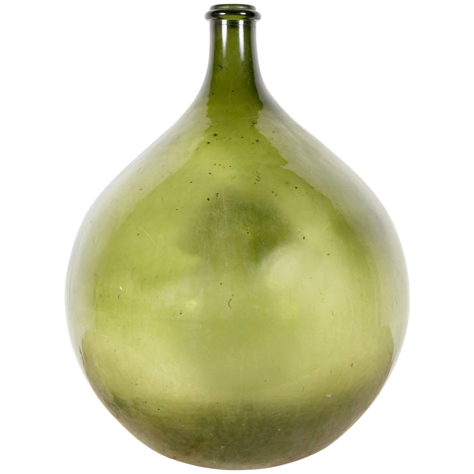Very Large 19th Century Handblown Green Glass French Demijohn Bottle