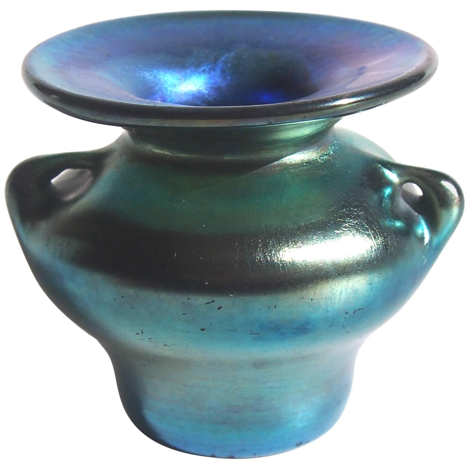 L C Tiffany Art Nouveau Blue Miniature Favrile Glass Urn/Vase For Sale