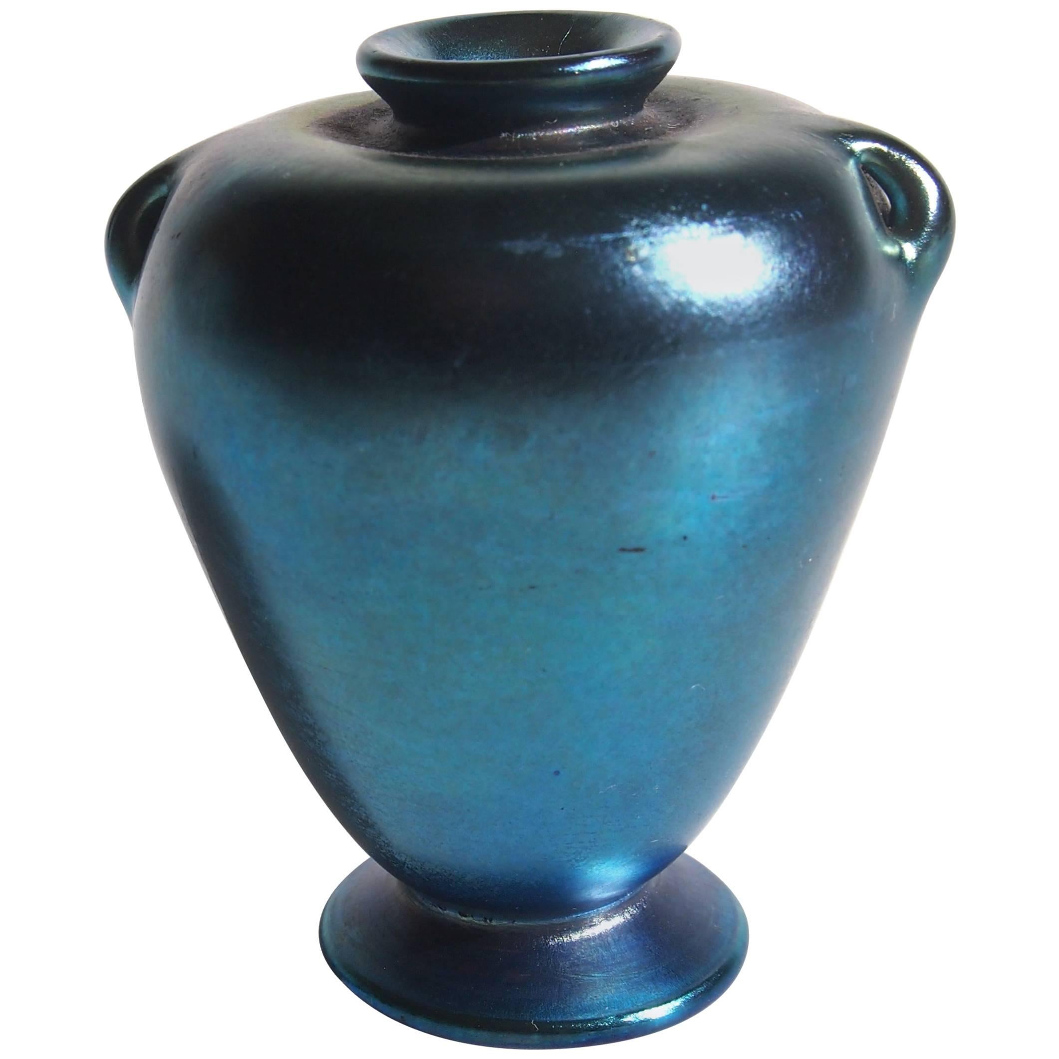 L C Tiffany Art Nouveau Blue Miniature Footed Favrile Glass Urn/Vase For Sale