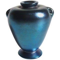 L C Tiffany Art Nouveau Blue Miniature Footed Favrile Glass Urn/Vase