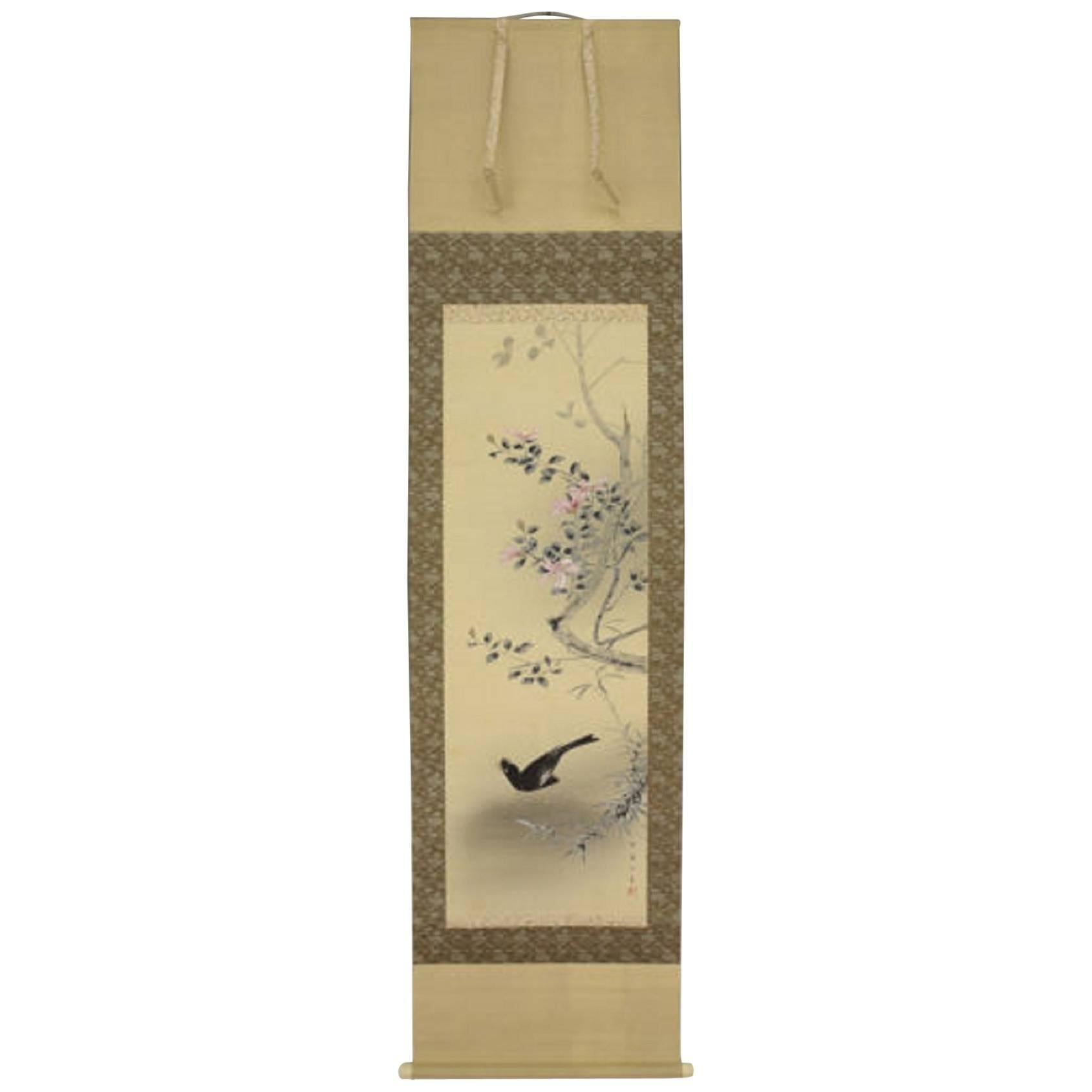 Japan Crested Myna Bird and Flowers Hand-Painted Silk Scroll, Domoto
