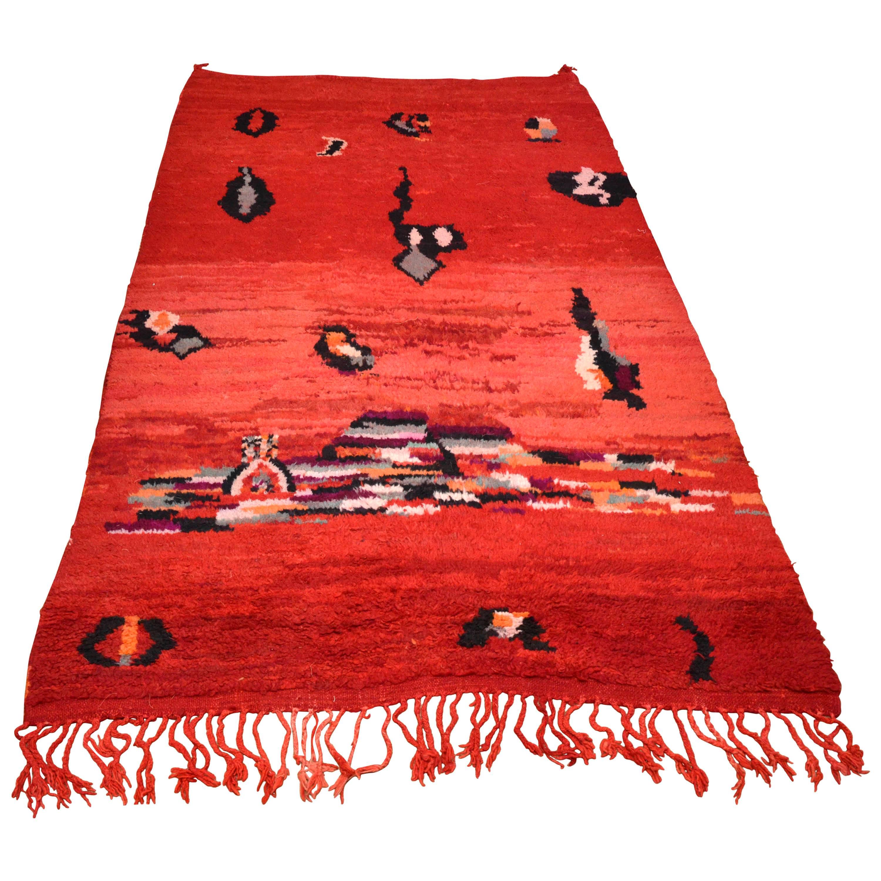Vintage Hand-Knotted Red Moroccan Wool Berber Rug For Sale