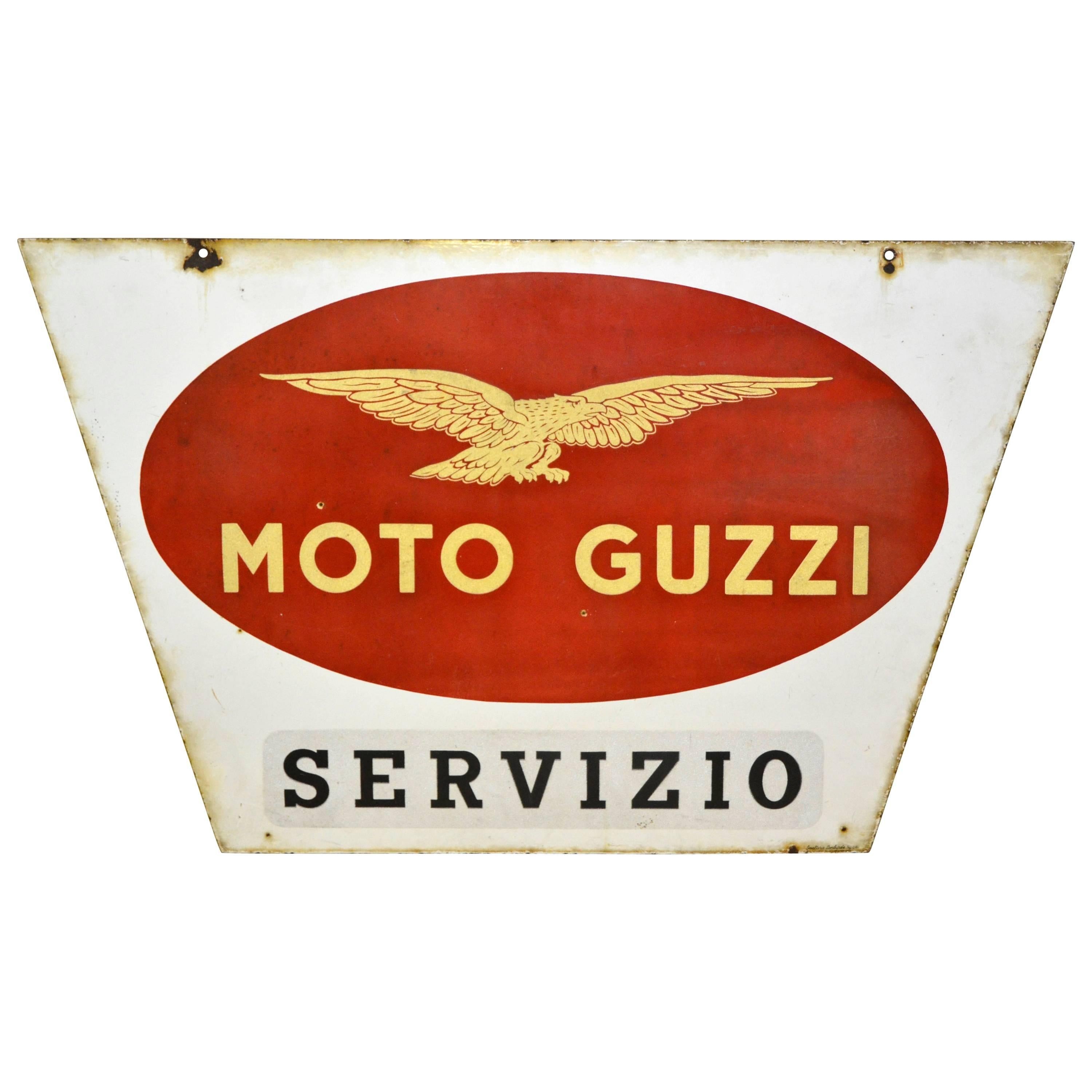1950s Double-Sided Italian Enamel Metal Vintage Moto Guzzi Servizio Sign For Sale