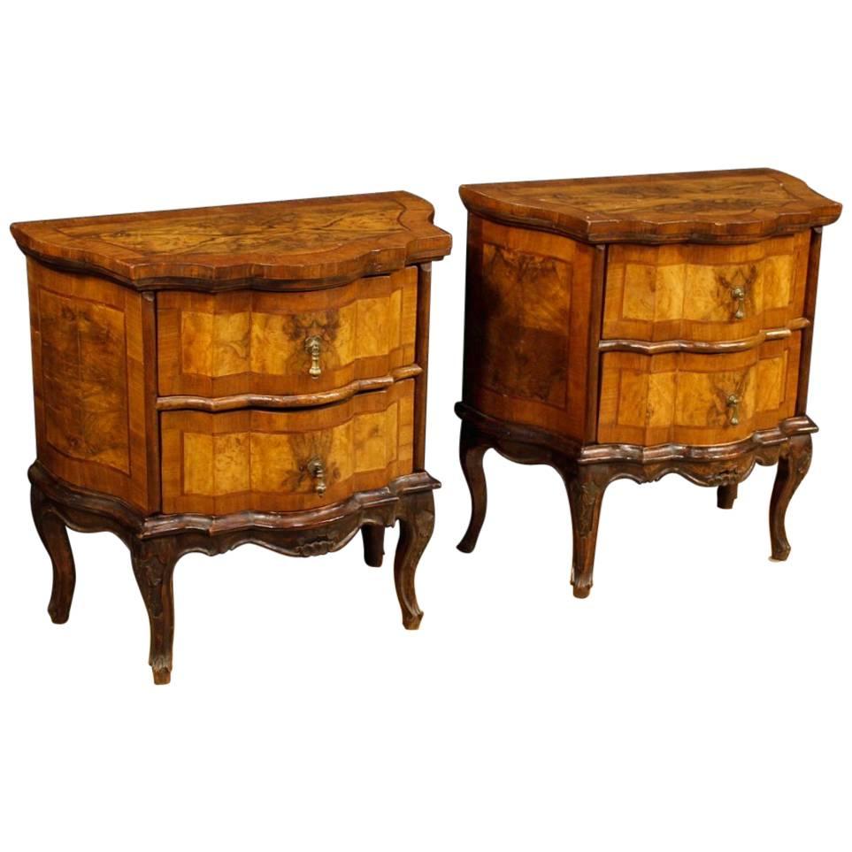 Pair of Venetian Commodes in Walnut, Burl and Rosewood Two Drawers, 20th Century