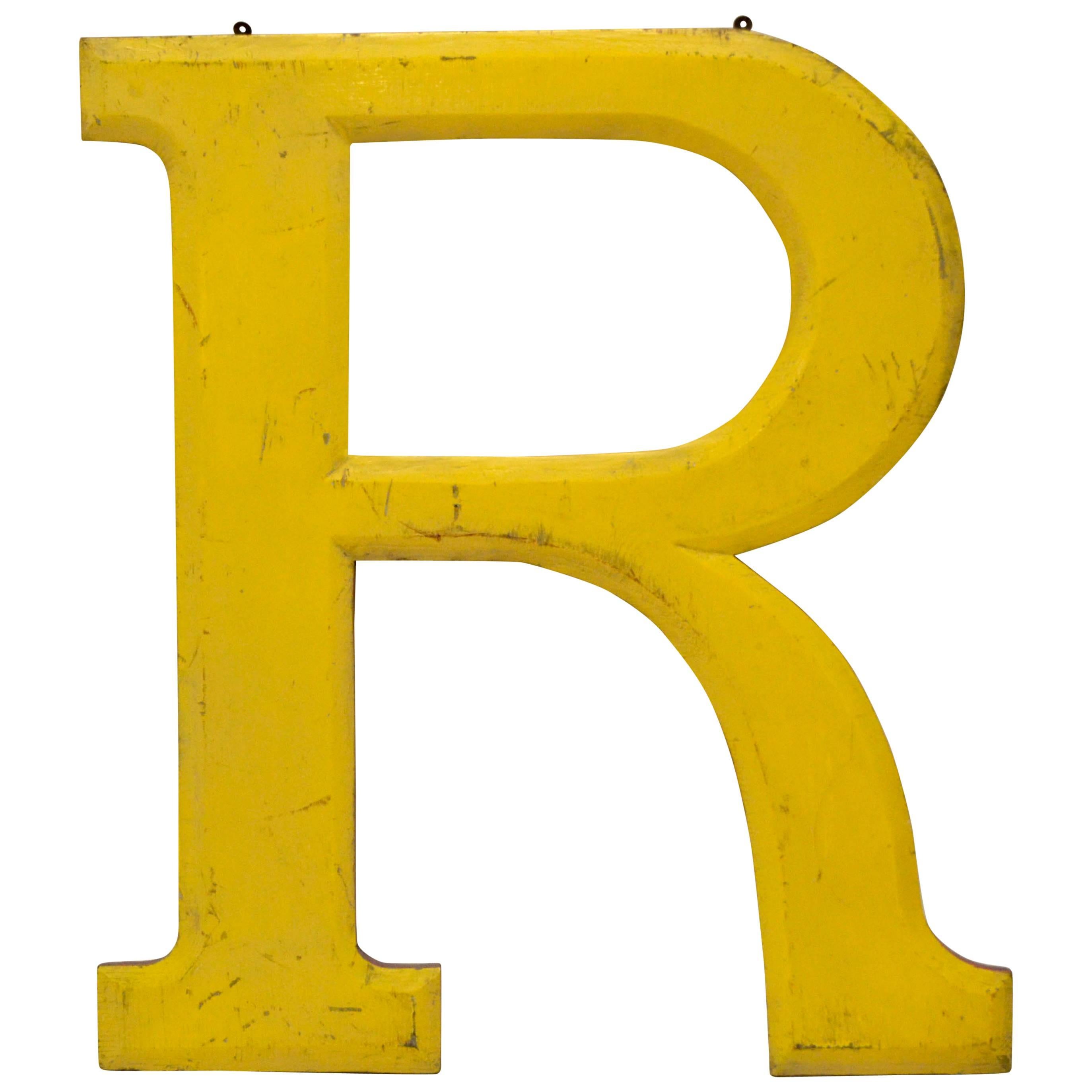 1960s Very Large Yellow Wooden Capital Letter R with Red Border Made in England