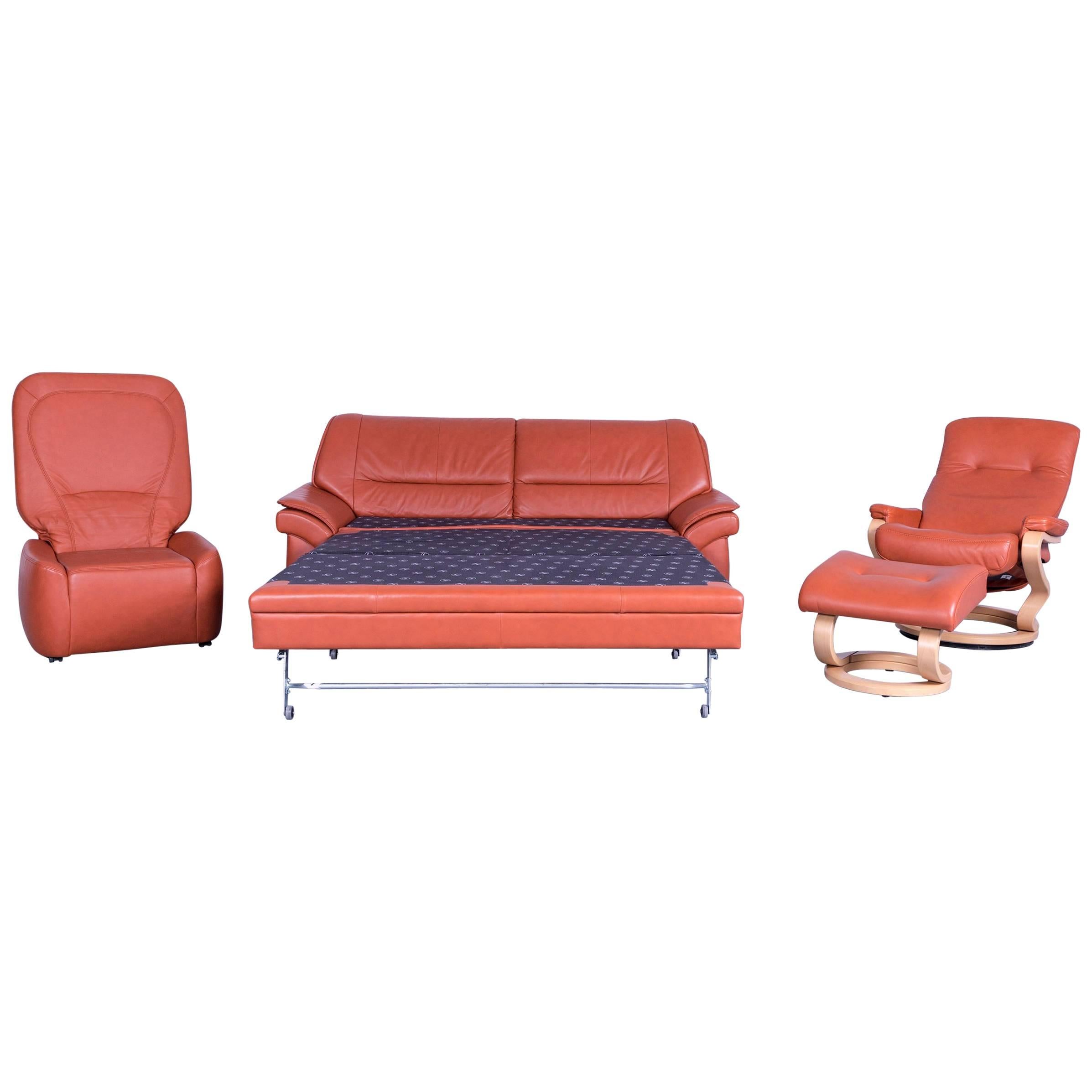 Himolla Sleepply Designer Leather Sofa Orange Set Three-Seat, Armchair and Stool