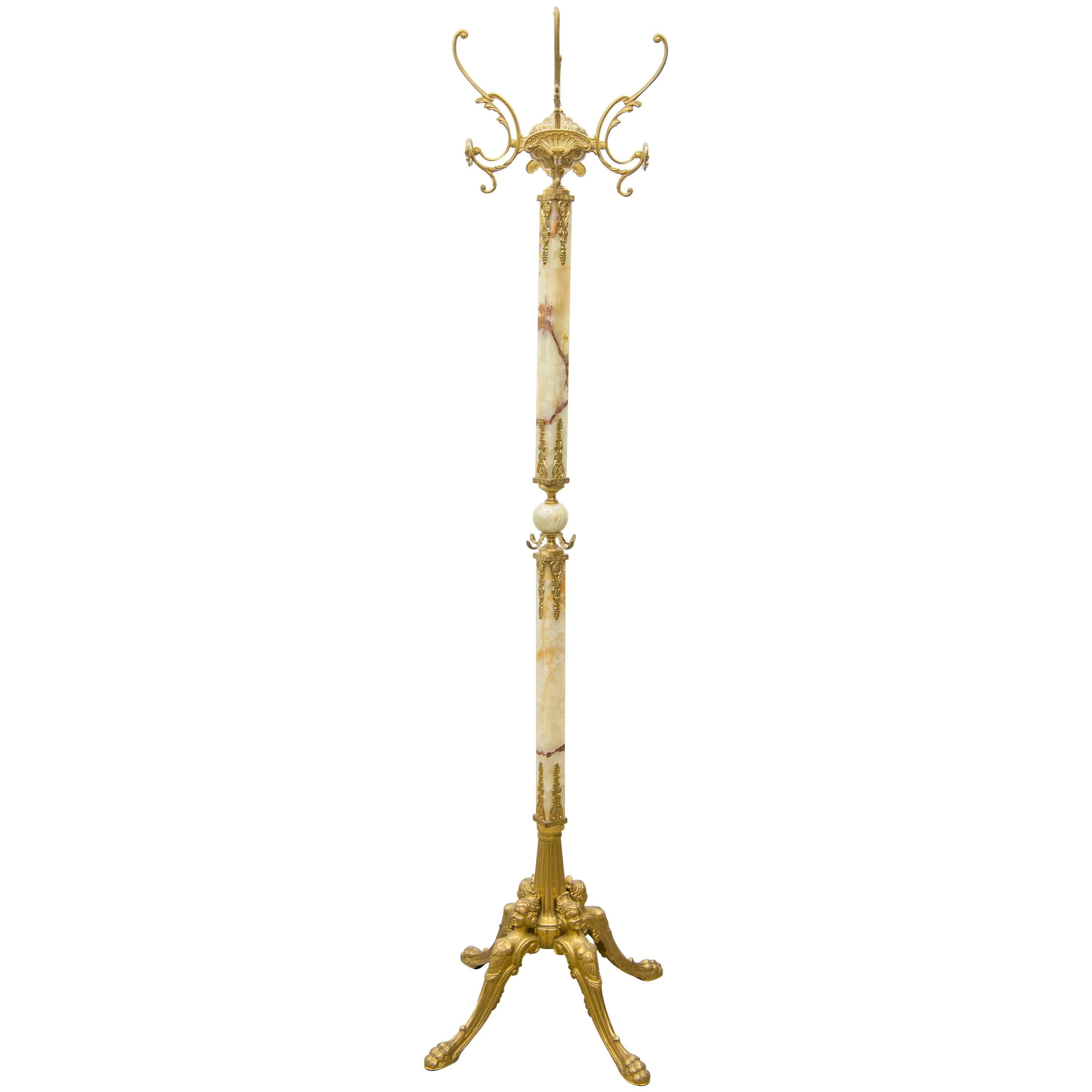 Ornate Antique Brass and Onyx Marble Coat/Hat Rack Hall Tree/Stand For Sale