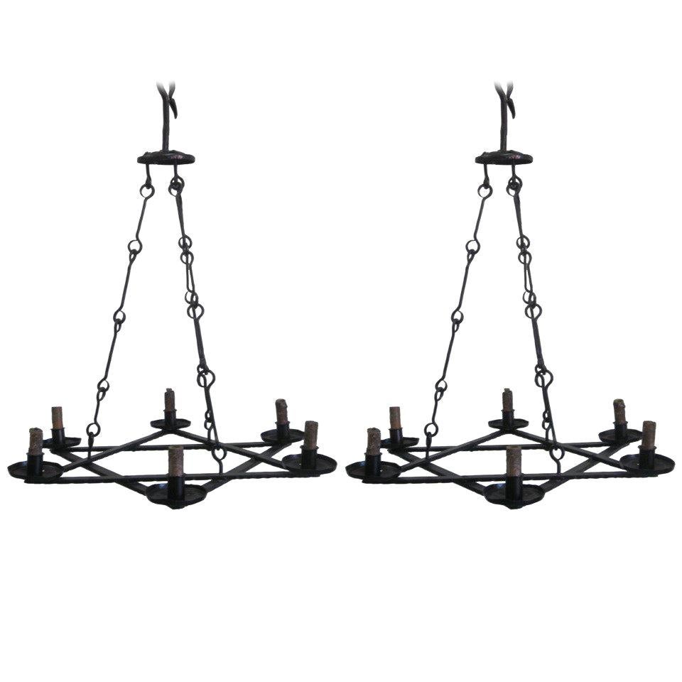 2 Mid-Century Modern Iron 'Star of David' Chandeliers, Raymond Subes Attributed For Sale