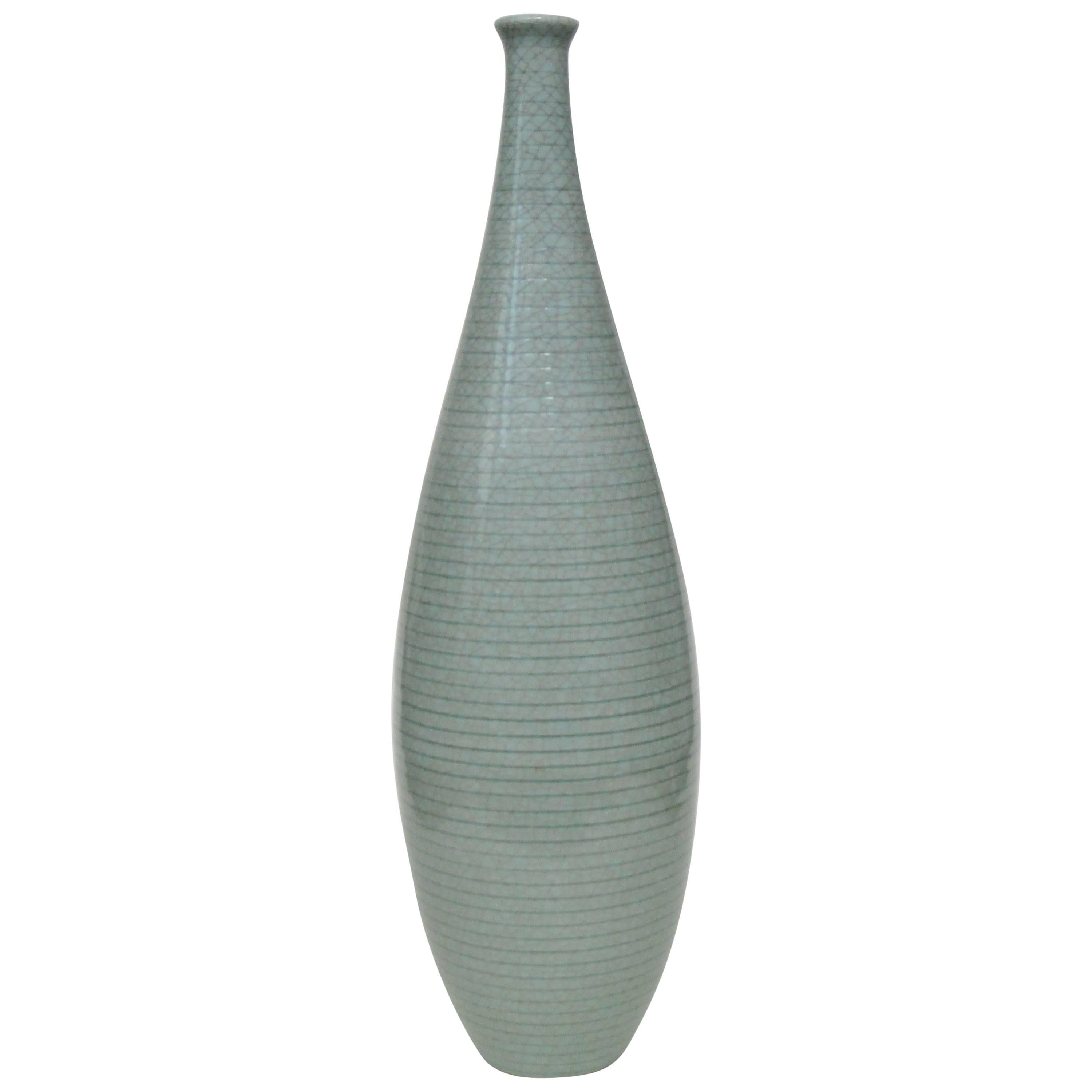 Tall Swedish 1950s Celadon Ceramic Bottle Vase For Sale