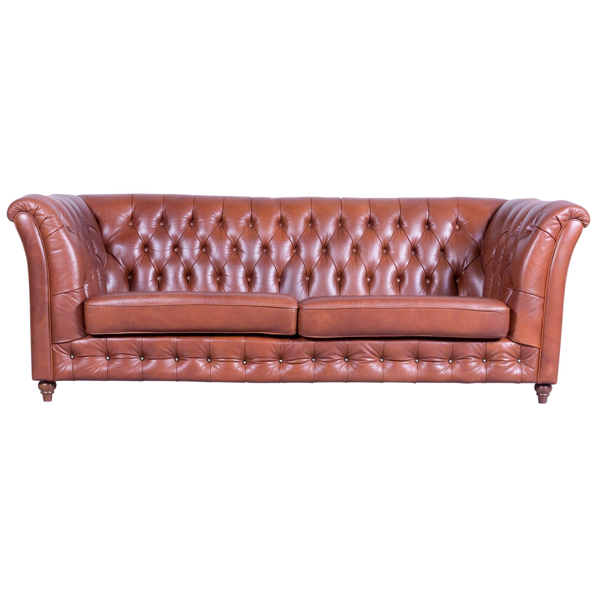 Chesterfield Three-Seat Sofa Brown Leather Couch Vintage Retro Rivets For Sale