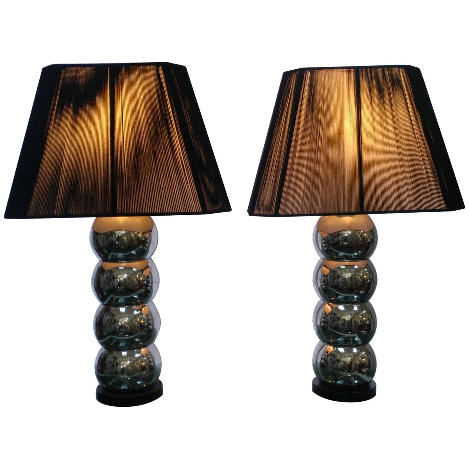 Pair of Stacked Spheres Table Lamps with String Shades, Offered by La Porte For Sale