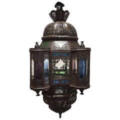 Moroccan Moorish Metal Lantern with Clear and Colored Glass